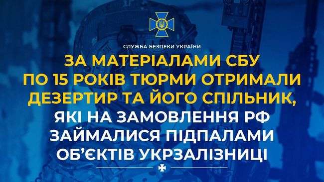 За матеріалами СБУ по 15 років тюрми отримали дезертир та його спільник, які на замовлення рф займалися підпалами об’єктів Укрзалізниці