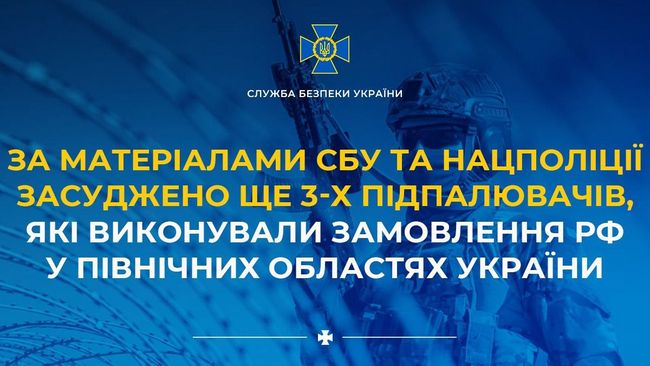 За матеріалами СБУ та Нацполіції засуджено ще 3-х підпалювачів, які виконували замовлення рф у північних областях України
