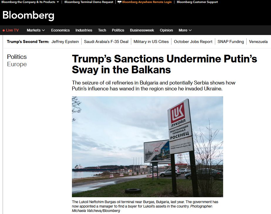 Американские санкции подорвали влияние кремля на Балканах, пишет Bloomberg
