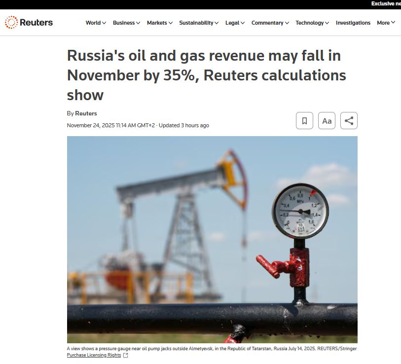 Доходи росії від нафти у листопаді впадуть на третину в порівнянні з минулим роком