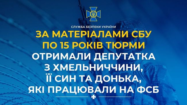 За матеріалами СБУ по 15 років тюрми отримали депутатка з Хмельниччини, її син та донька, які працювали на фсб За матеріалами СБУ по 15 років тюрми отримали депутатка з Хмельниччини, її син та донька, які працювали на фсб