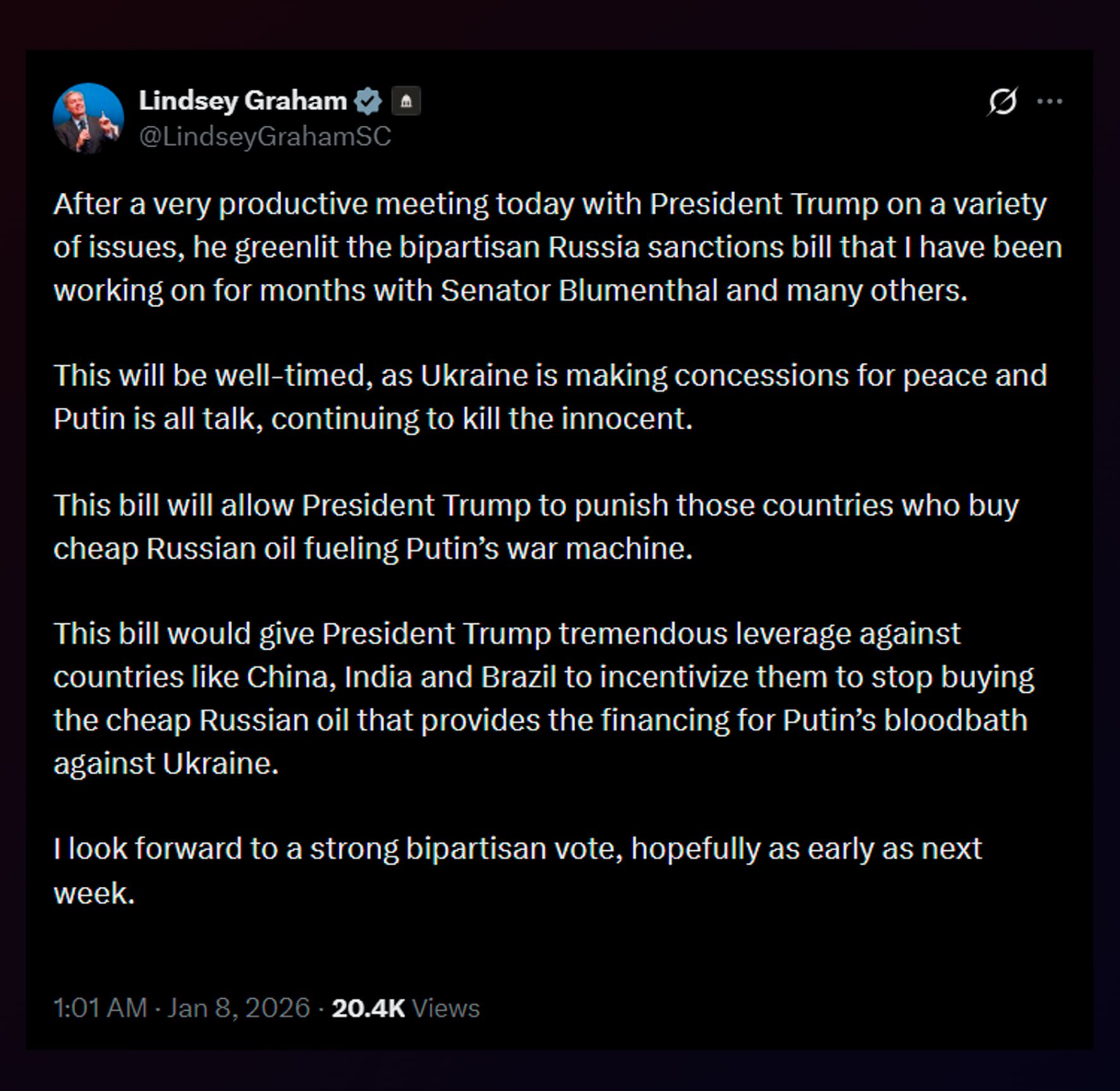 Сенатор Ліндсі Грем пише, що Трамп дав добро на внесення на голосування законопроєкту про санкції проти РФ