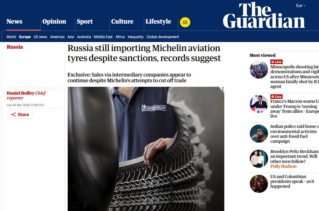 Попри санкції ЄС: росія знову купила авіаційні шини Michelin — The Guardian