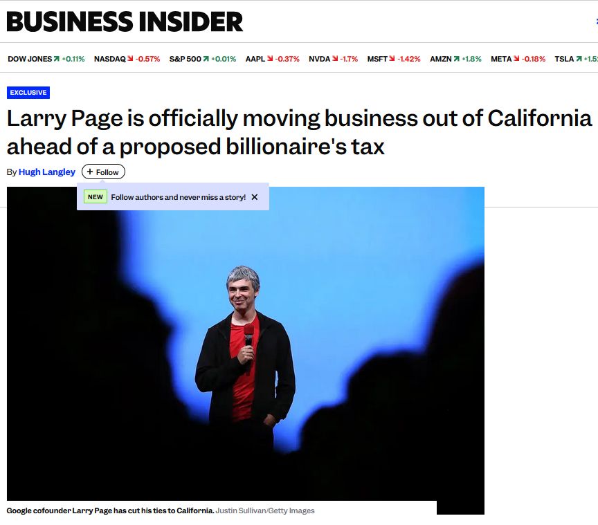 Ларрі Пейдж послаблює ділові звязки з Каліфорнією на тлі запропонованого штатом податку на багатство