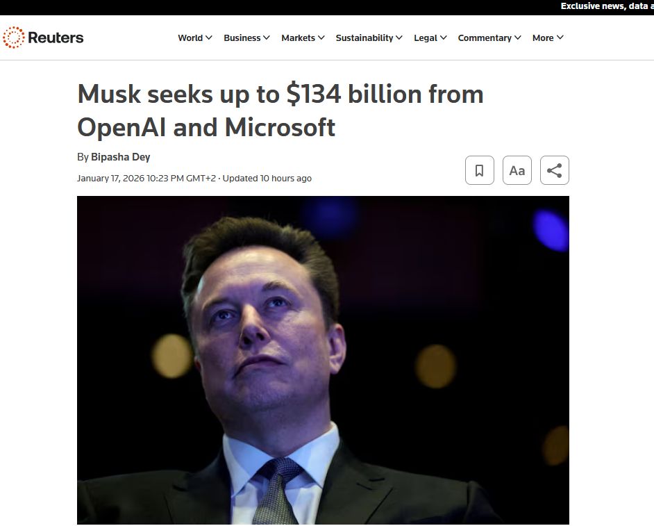 Ілон Маск вимагає від OpenAI і Microsoft до $134 млрд через «неправомірні прибутки»