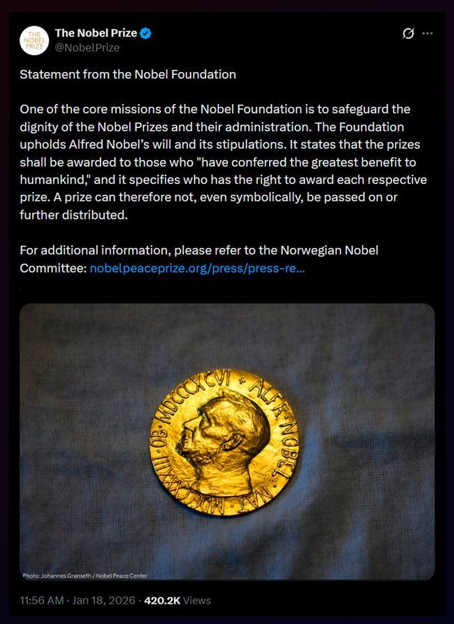 Нобелівський комітет передав палкий привіт Трампу