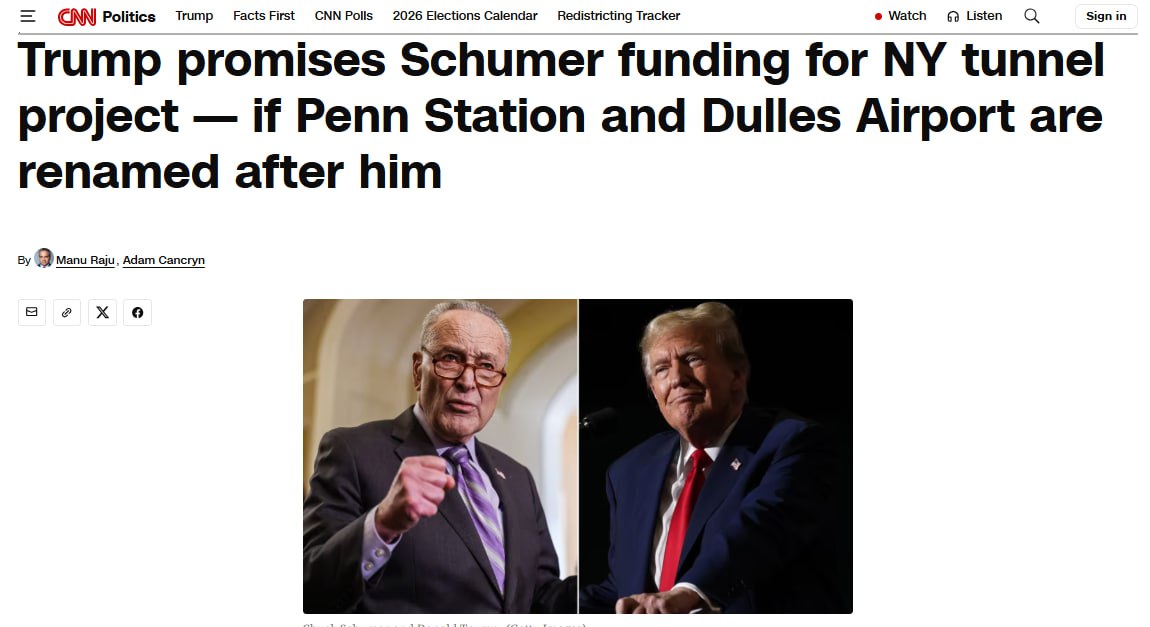 Трамп пообіцяв Шумеру розблокувати фінансування нью-йоркського тунельного проєкту — за умови перейменування об’єктів на його честь — CNN