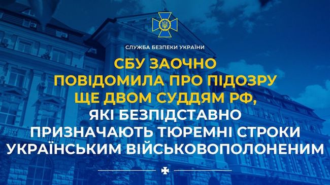 СБУ заочно повідомила про підозру ще двом суддям рф, які безпідставно призначають тюремні строки українським військовополоненим СБУ заочно повідомила про підозру ще двом суддям рф, які безпідставно призначають тюремні строки українським військовополоненим