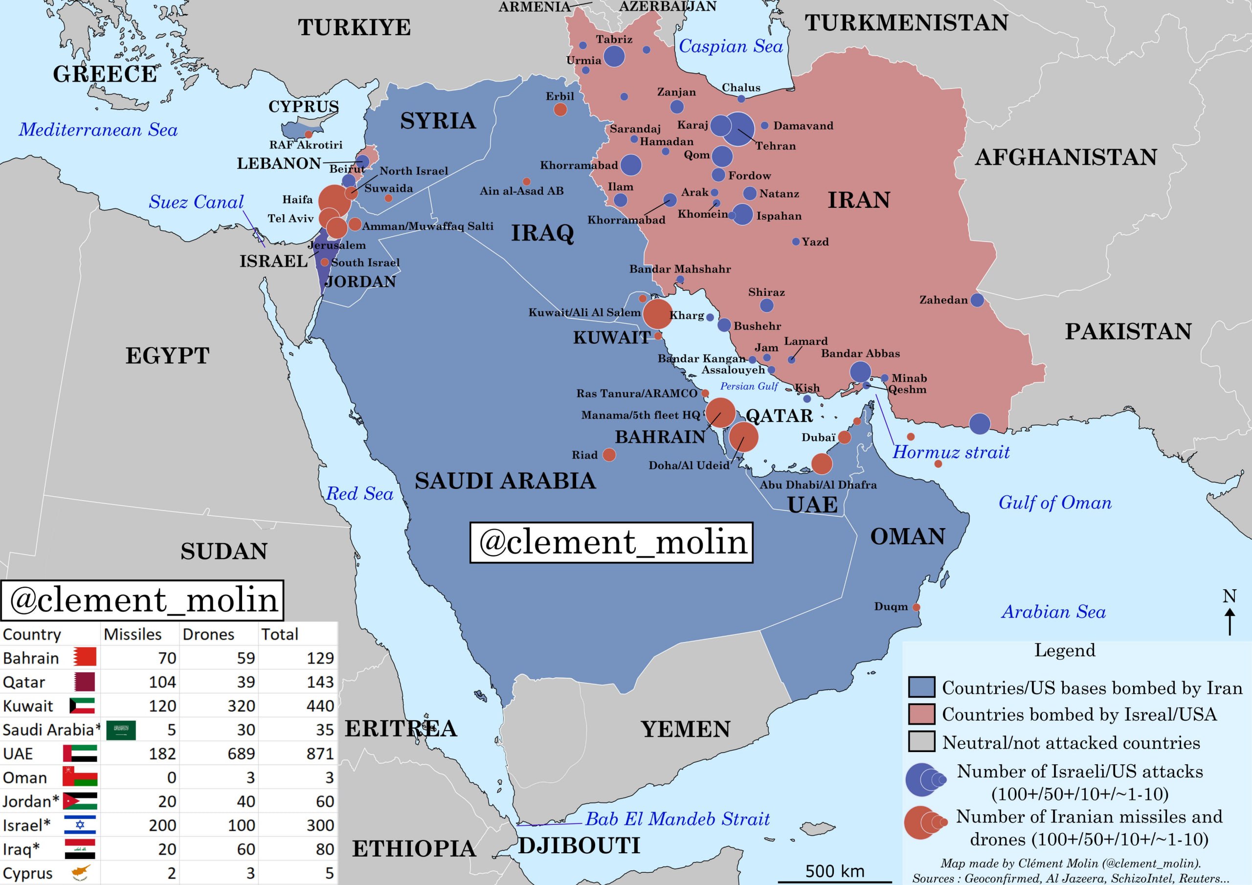 Clement Molin намалював хорошу карту по ситуації на четвертий день війни між Ізраїлем та США проти Ірану