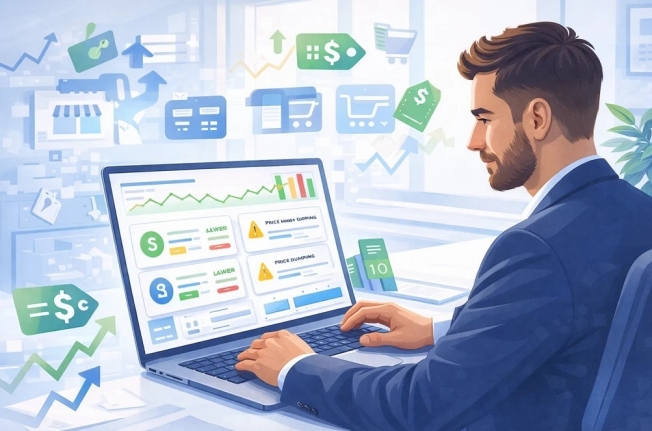 Современная бизнес-иллюстрация: e-commerce-менеджер анализирует дашборд мониторинга цен на ноутбуке с графиками, уведомлениями о демпинге и изменениях маржи